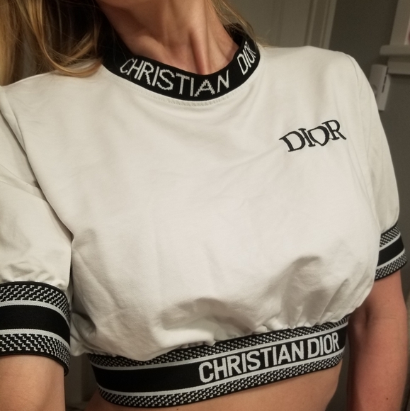 Christian Dior Cropped top White Blue Logo on Neck and at Bottom of shirt - Picture 14 of 14